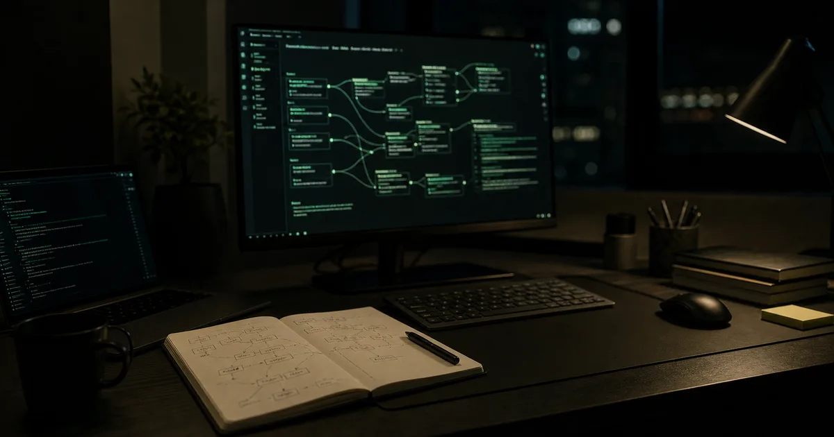 A developer workspace combining a workflow map, code, and AI-assisted systems